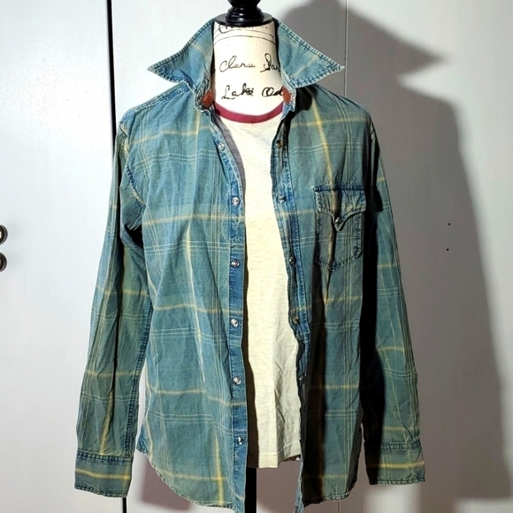 Glory Road - Mens Distressed Denim striped Snap button layered look Sz.M - Picture 1 of 5